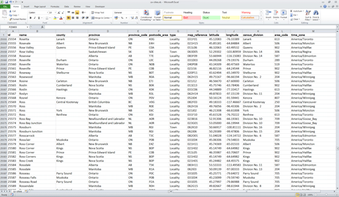 Screenshot of the Canadian cities list in Excel